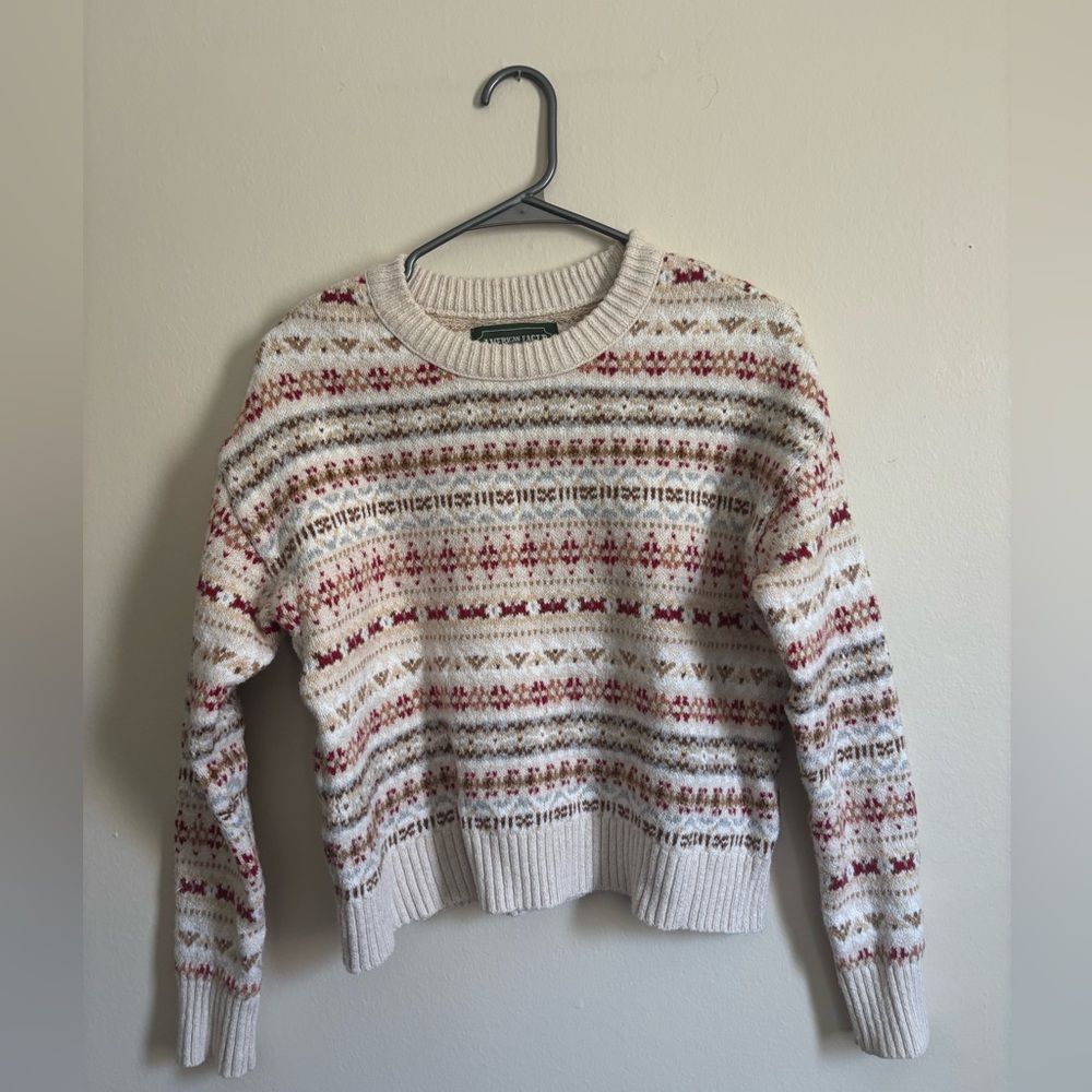 Vintage American Eagle Knit Pullover Sweater Fair Isle Ivory Red Brown Crew Neck
